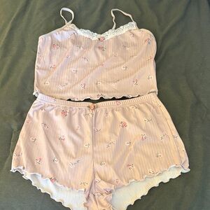 Floral Lace Trim Pajama Set - Pink